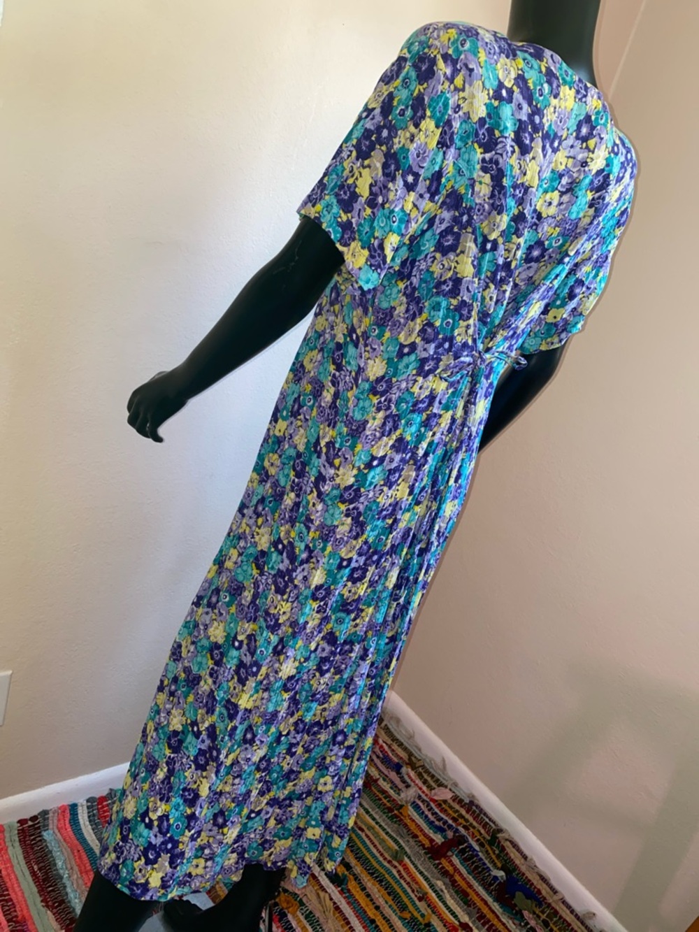 Vintage Floral Button-Front Midi Dress Tie Back Strings in Teal & Purple - Picture 5 of 11